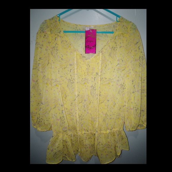 Candies Yellow Floral Sheer Blouse. - Picture 1 of 3